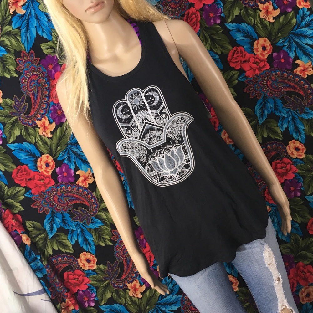 NEW WOMEN’S HAMSA HAND TOP SLEEVELESS GRAPHIC SHIRT BLACK CAMI